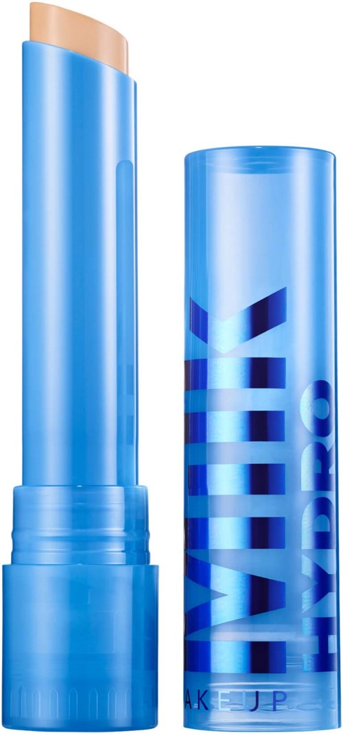 Een blauwe lippenstift met de woorden 'GLOW', zonder deksels, met nude lippenstift zichtbaar.