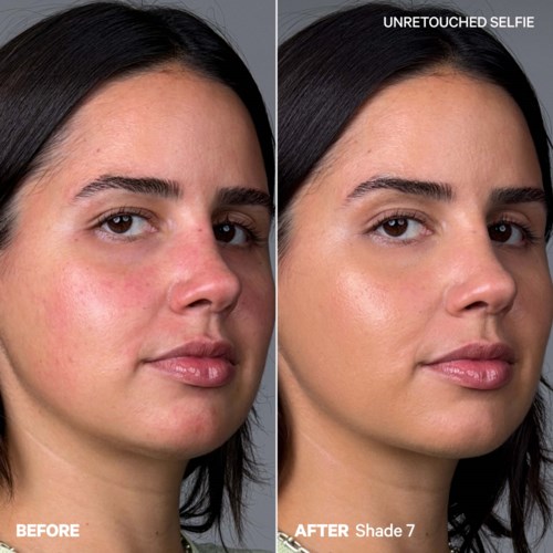 Beeld naast elkaar van een vrouw die huidverbetering toont na gebruik van een product, gelabeld 'Before' en 'After Shade 7' met een heldere huid.