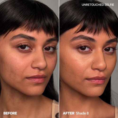 Vergelijking naast elkaar toont verbetering van de huid na gebruik van shade 8 make-up. De huid ziet er gladder en helderder uit.