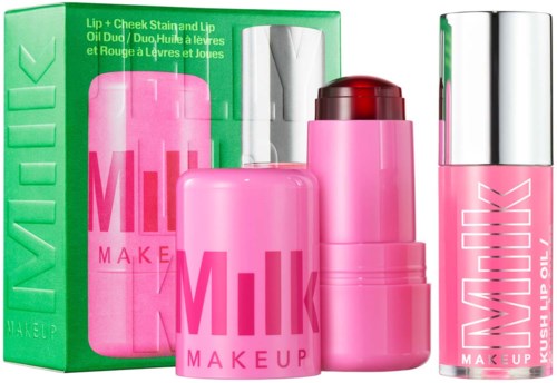Läpp- och kindfärg samt läppolja i rosa förpackningar med en grön ask. Innehåller makeup för läppar och kinder.