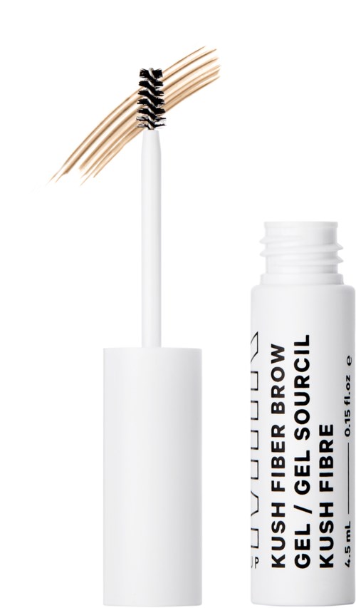 En vit tub med en borste som visar en bryngel och dess borste. Tuben är märkt 'KUSH FIBER BROW GEL' och 'KUSH FIBRE' med svart text.