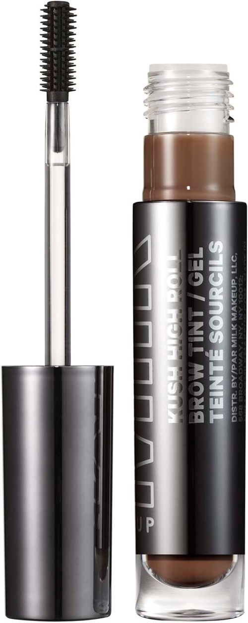 En ögonbrynsgel i rör med borste, innehåller brunt pigment och etiketter med produktinformation.