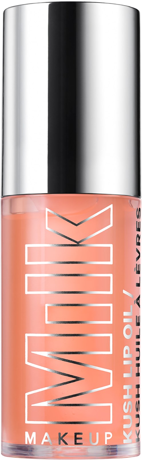 A lip gloss tube with a silver cap, peach color, and white text on black background.