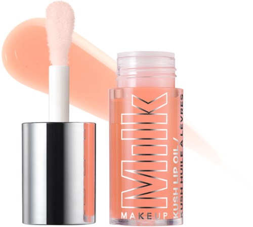 Lip gloss container with peach-colored gloss and soft applicator brush, background has peach and beige strokes.