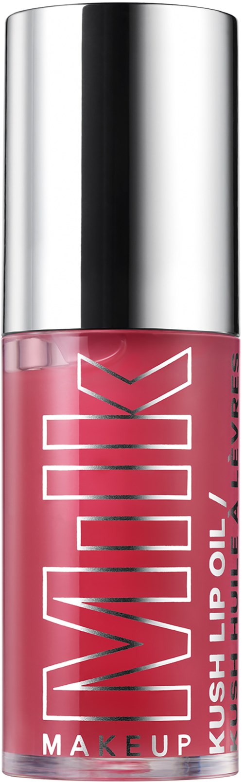A small pink bottle of makeup lip oil with a silver cap and big white text that says 'WINK'.