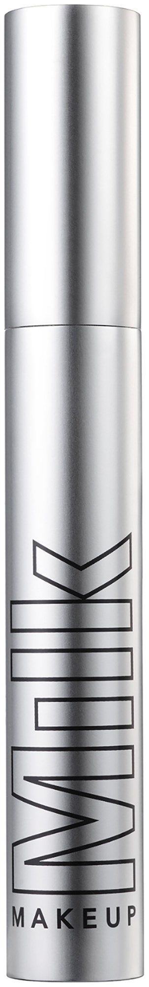 En sølvfarget, sylindrisk makeup-tekst med svart tekst som sier 'MAKEUP.'