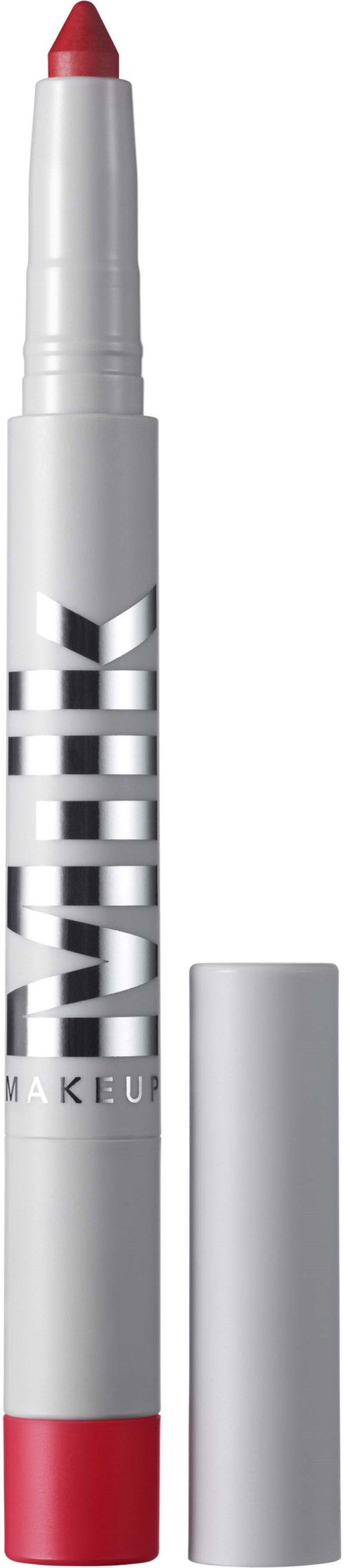 Valkoinen meikkikynä, jossa on punainen kärki ja hopeinen suojus, nimeltään WAKELINE MAKEUP.