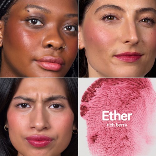 Fyra bilder: två visar kvinnor med olika sminkstilar, ett visar en kvinna med förvirrat ansiktsuttryck, och ett med en rosa texturerad bakgrund som säger Ether rich berry.