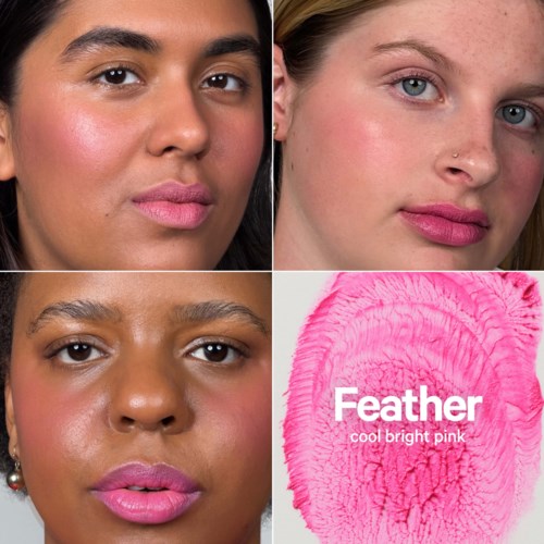 Närbilder på kvinnor med makeup och en rosa makeupsvamp med texten Feather cool bright pink.