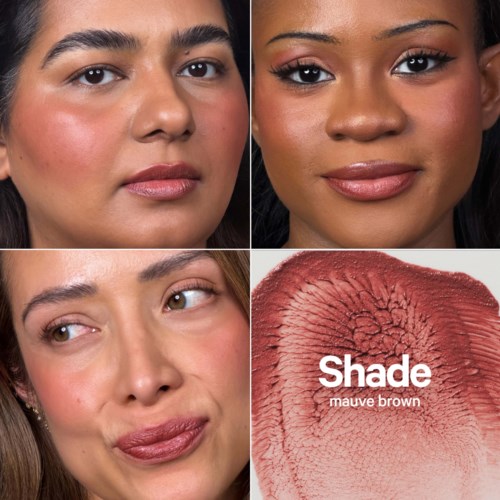 Övre vänstra och högra: närbilder av kvinnors ansikten med makeup i naturliga och varma toner. Nedre vänstra: kvinna som applicerar läppstift. Nedre högra: swatch av mauvebrun ögonskugga märkt Shade.