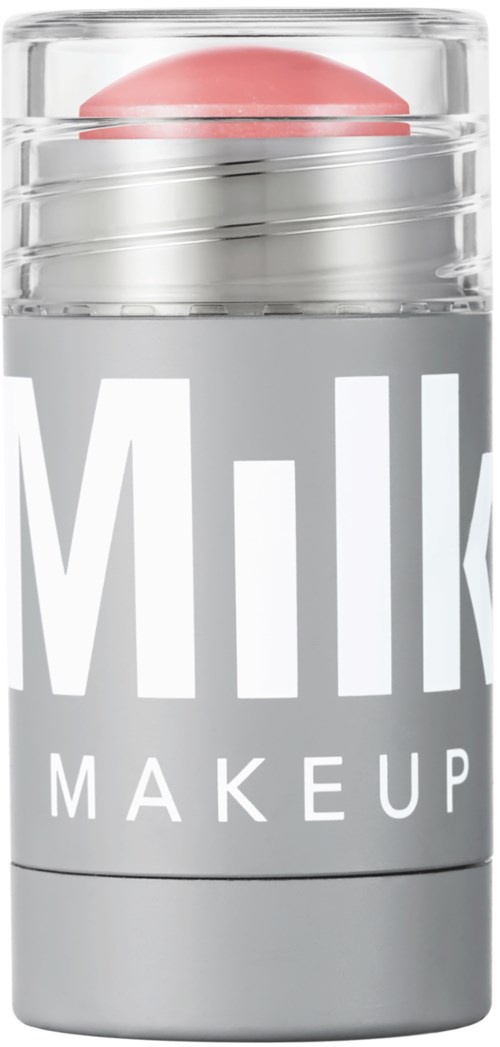 A bottle with a pink makeup blender inside, labeled "M.I.L.K MAKEUP."