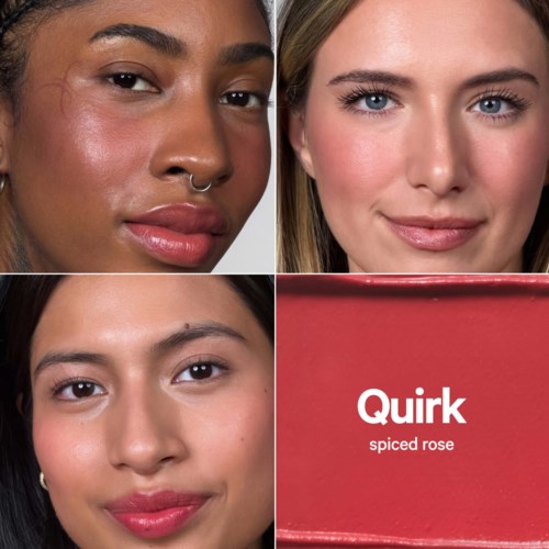 Fyra bilder som visar olika kvinnor med frisk hud, naturlig makeup och en läppstiftsask märkt Quirk spicy rose.