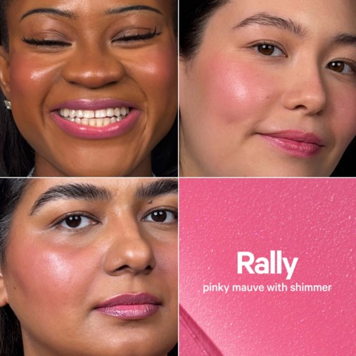 Fyra bilder med olika kvinnor som har glödande hud och rosa makeup, inklusive en logo för Rally pinky mauve med skimmer.