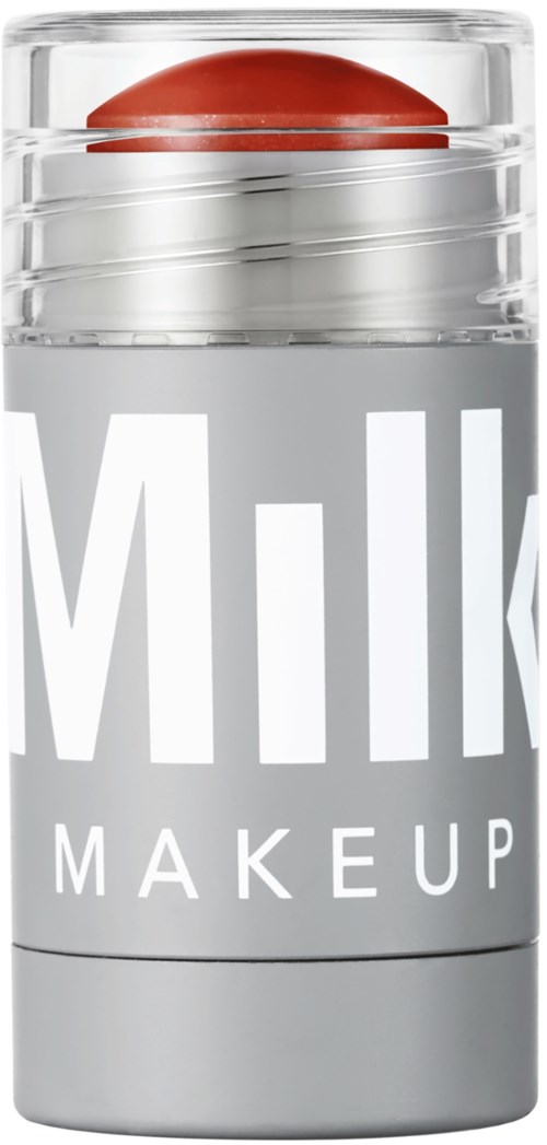 Een lipstick buis met een rode lipstick zichtbaar erin, gemarkeerd met 'MIK MAKEUP', in zilver en wit kleuren.
