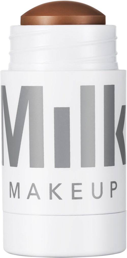 Valkoinen säilö, jossa on ruskea meikkipillu päällä ja suuria harmaita kirjaimia "Milk."