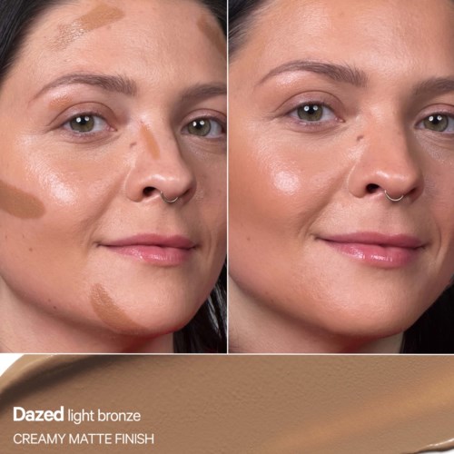 Före och efter makeup-applikation som visar huden med och utan foundation, med en naturlig, jämn ton.