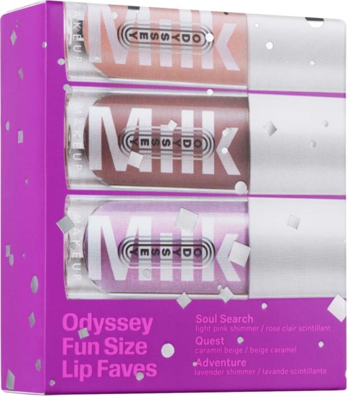 Et sett med tre fargede leppeglosser i en lilla eske, merket Odyssey Fun Size Lip Faves, med konfetti rundt.