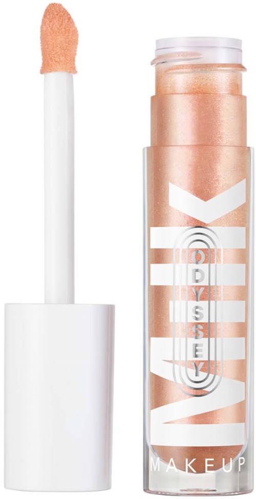 En leppeglansbeholder med en ferskenfarget gloss og en hvit påføringspinsel.