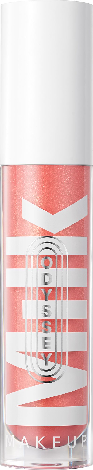 En leppestiftpenn med klar innside, viser rosa leppestift, og har stor hvit tekst og en logo.
