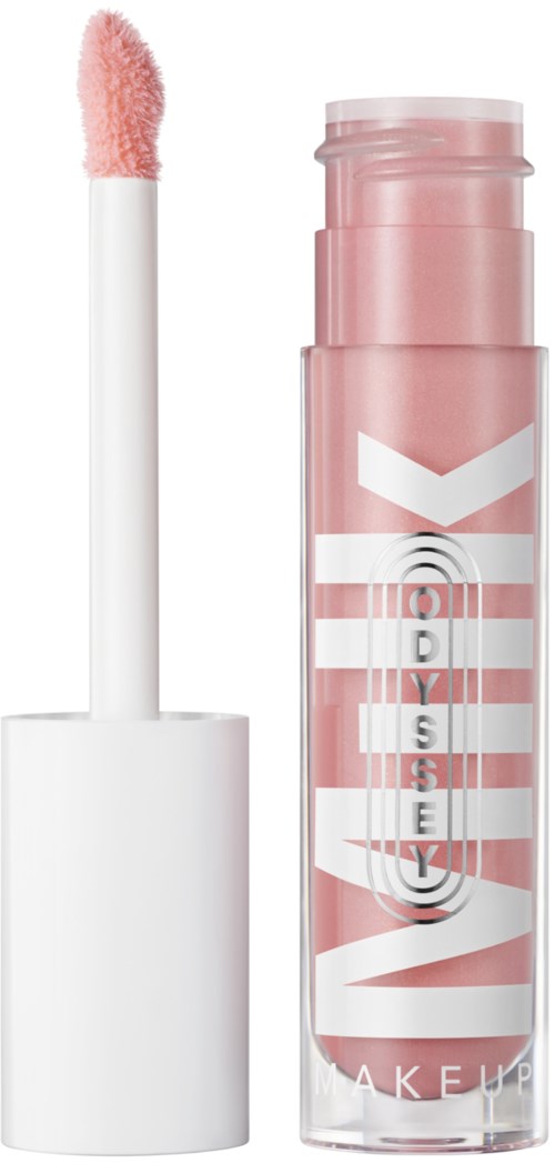 Leppeglans med applikator og en rosa, gjennomsiktig tube merket 'WET LOOK'.