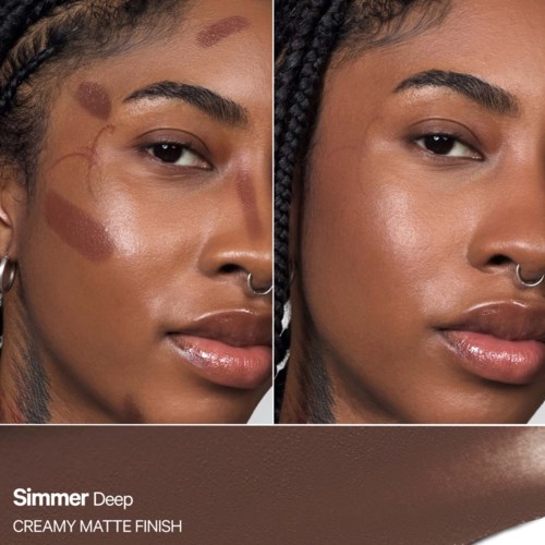 Vorher- und Nachbilder eines Frauen Gesichts mit klarer Haut, nachher glatter und gleichmäßiger.