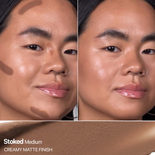 Vorher und nach dem Make-up, zeigt glattere Haut und gleichmäßigen Ton.