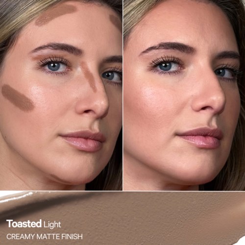 Vorher und nach dem Make-up, zeigt glattere Haut und gleichmäßigen Ton am Model.