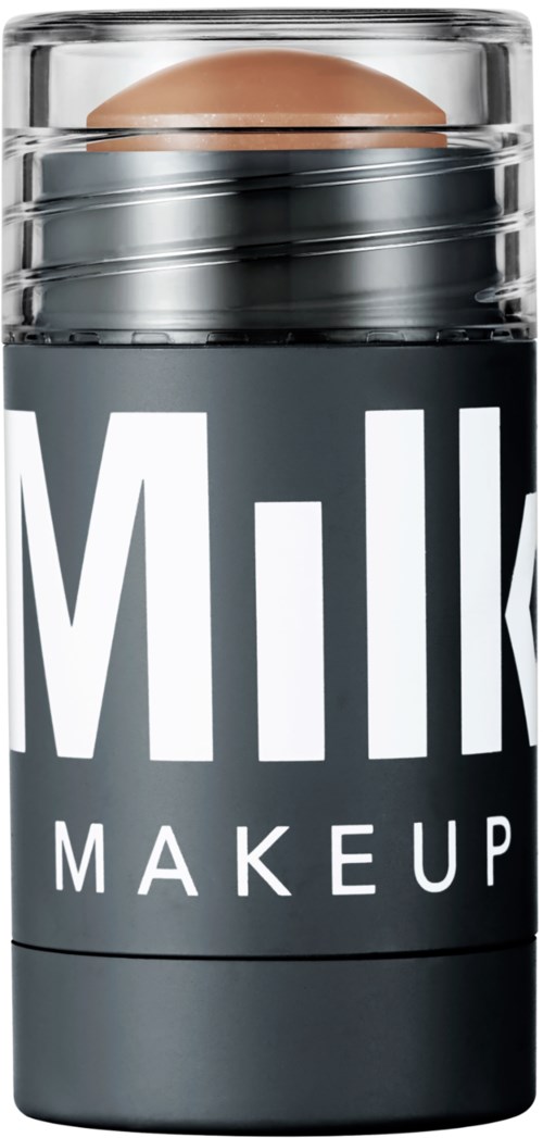 A makeup product container with a beige makeup sponge on top and the words 'Milk Makeup' on the front.