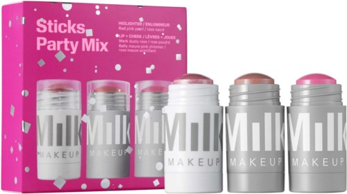 Sett med seks rosa og grå makeup-penner i en fargerik eske, merket 'Party Mix'.