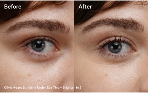 A side-by-side comparison showing eyebrows and eye area before and after using a brightening product.