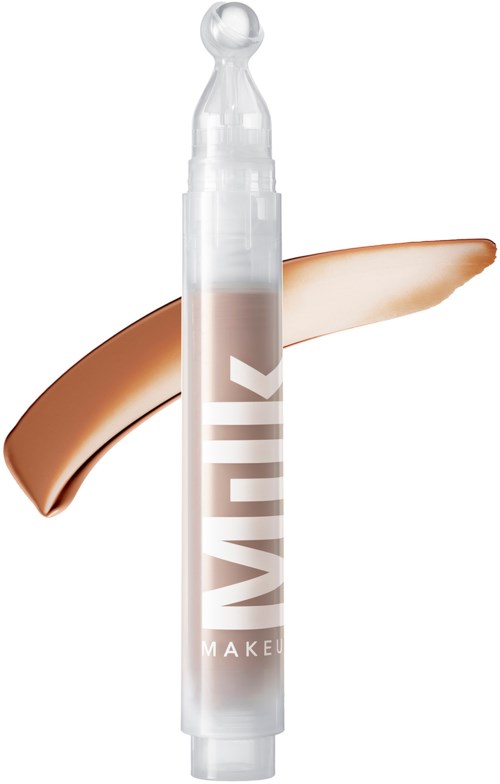 A tube of concealer with a beige streak on white background.