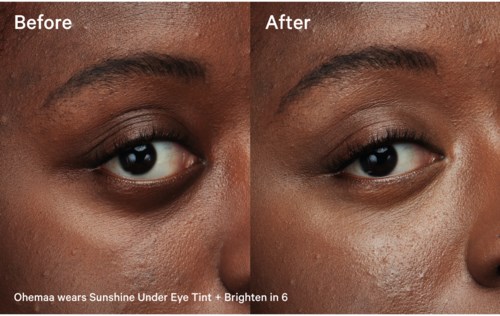 Side-by-side comparison shows eye skin before and after using a product for brightening and eyeshadow.