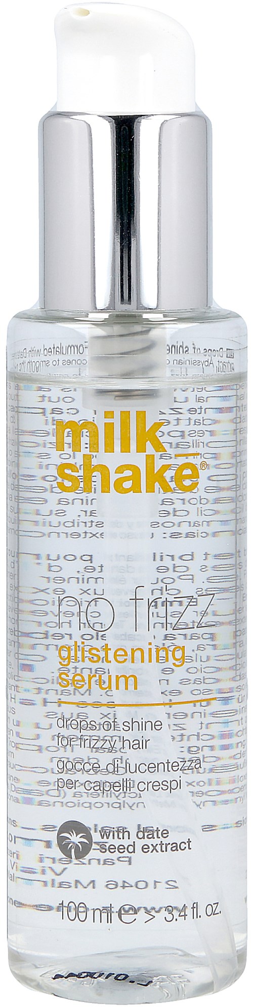 En klar flaska med pump, märkt 'milk shake glistening serum', innehåller en flytande hudvårdsprodukt.
