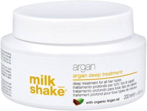 En vit burk märkt 'argan mastshake' för djup hårbehandling, med ekologisk arganolja, 200 ml storlek.
