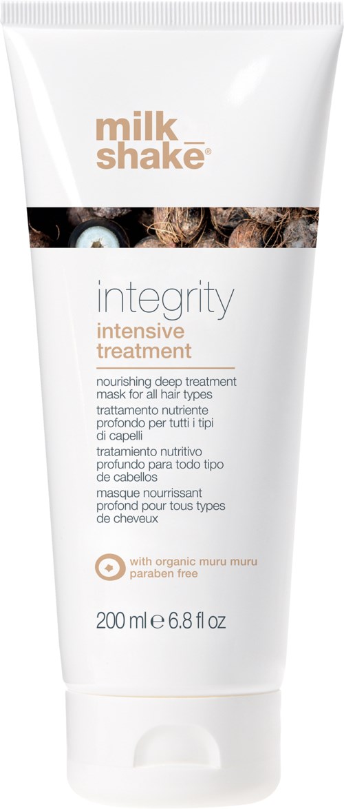 En vit tub märkt 'milk shake' och 'integrity intensive treatment' som erbjuder närande hårmask för alla hårtyper.