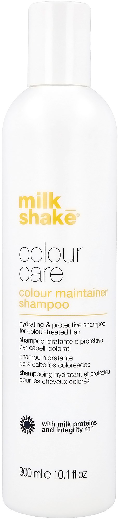 En hvit flaske med Milk Shake Colour Care sjampo med gul og svart tekst, 300 ml.