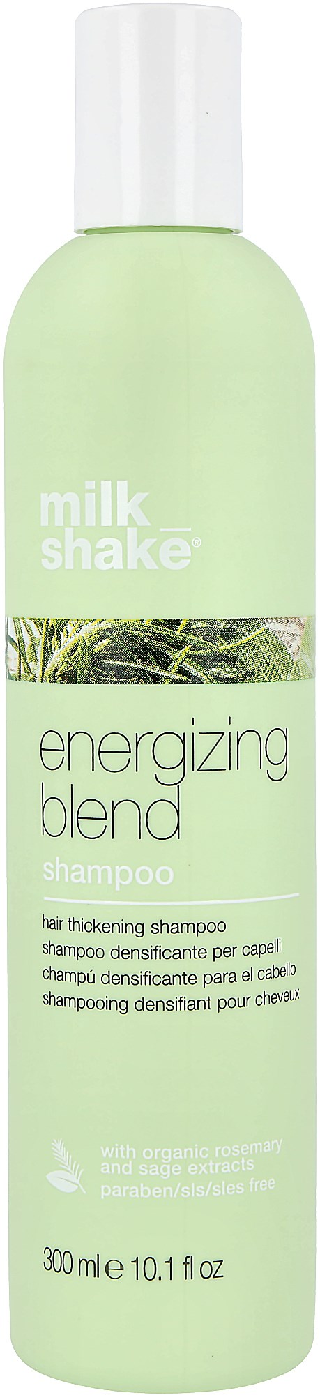 En ljusgrön flaska av Milk Shake energigivande blandning schampo för tjockare hår, 300 ml, med vit kork.