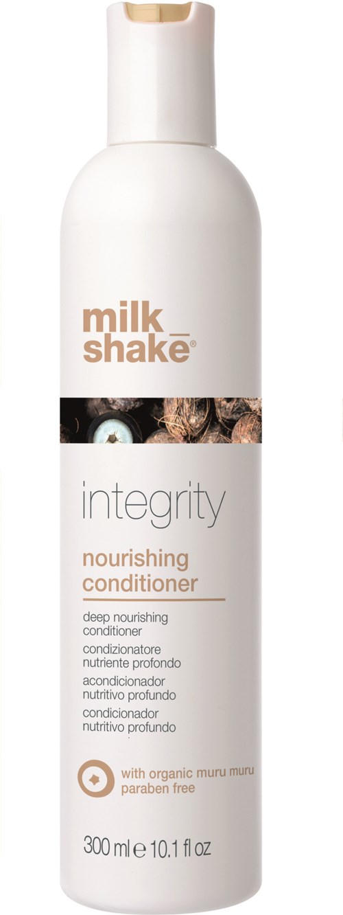 En hvit flaske med nærende balsam fra Milk Shake med brunt merke og tekst. Inneholder 300 ml.