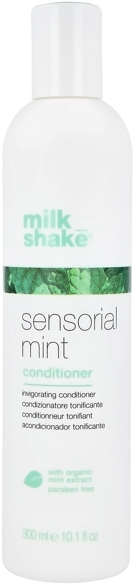 En hvit flaske merket Milk Shake sensory mint conditioner med grønne detaljer, står oppreist.