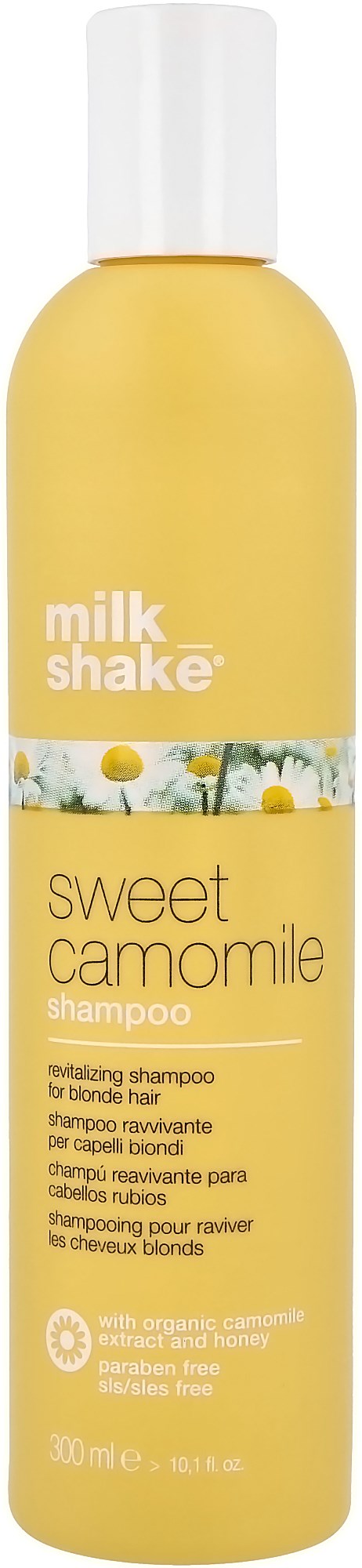 En gul flaska med Sweet Camomile-shampo, vit lock, med kamomillbild och produktdetaljer.