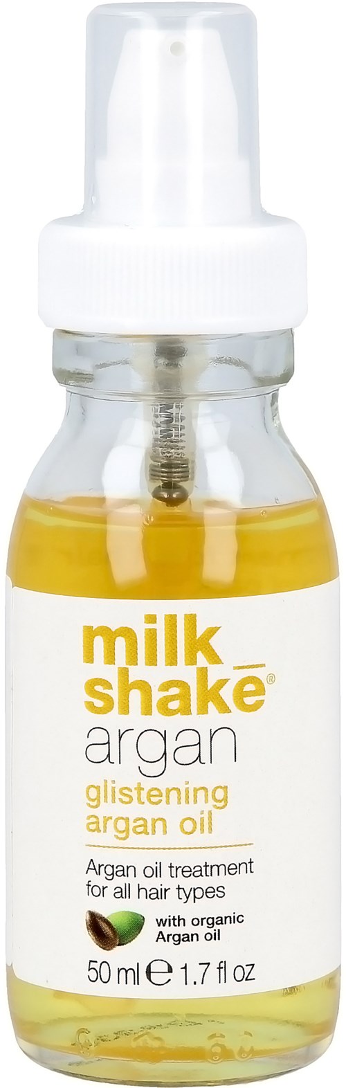 En liten genomskinlig flaska med arganolje för hårvård och spraylock, märkt 'milk shake argan' och 'glistening argan oil.'