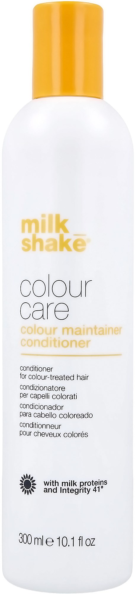 En hvit flaske med gul hette, merket Milk Shake Colour Care Conditioner for farget hår, inneholder melkproteiner.