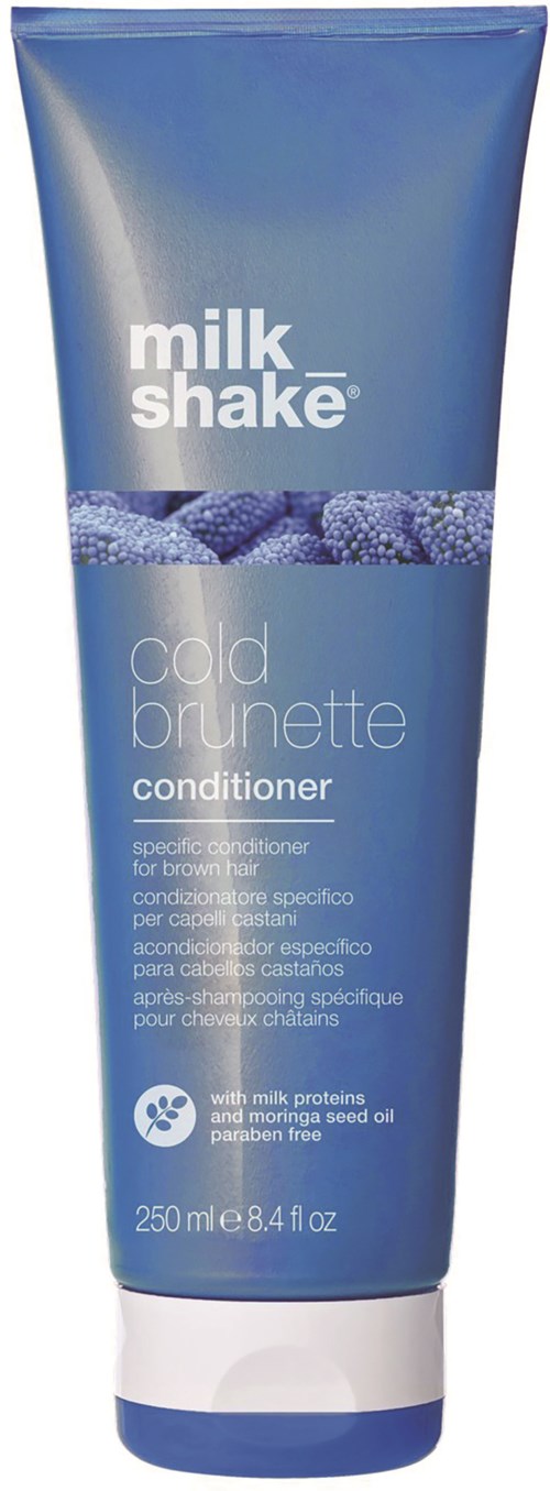 Sininen tube Milk Shake Cold Brunette -hoitovoidetta, jossa marjakuvia, 250 ml sisältöä ja maininta maidoproteiineista.