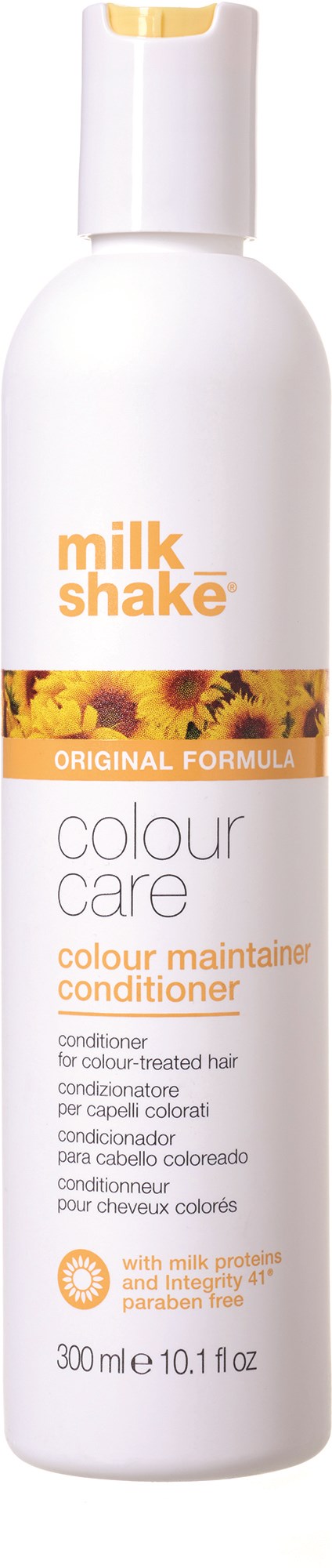 En vit flaska med gula och orange etiketter, innehållande Milk Shake Colour Care Conditioner för färgbehandlat hår.