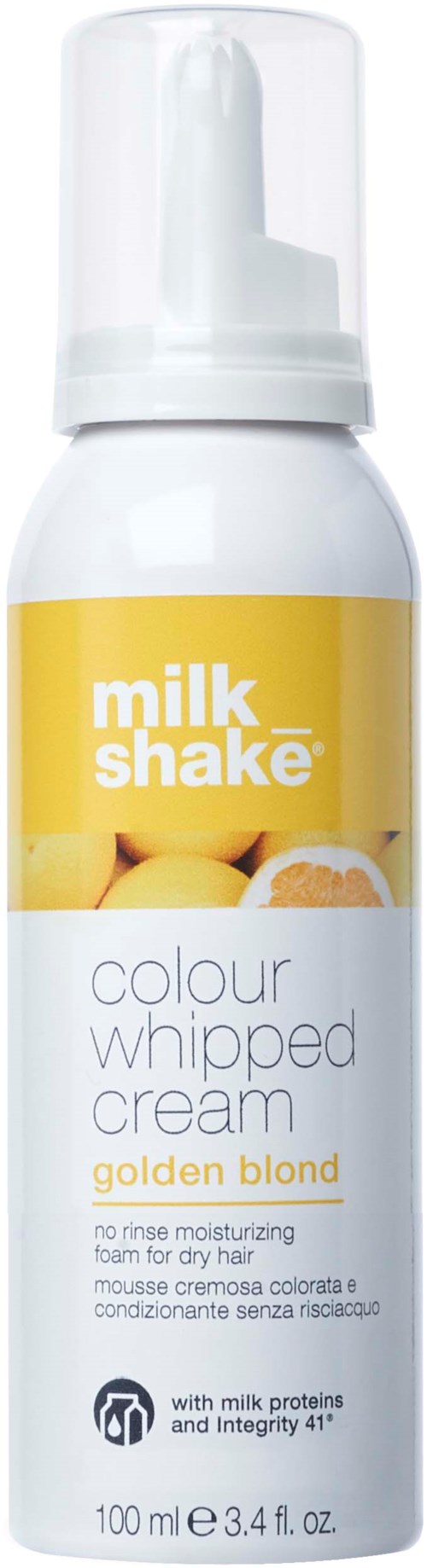 Eine weiße Flasche mit gelbem Etikett, zeigt gelben Pudding und Cremetext, enthält farbigen Sahne für trockenes Haar.