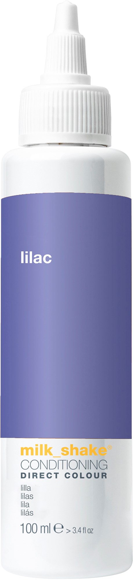En vit flaska med en lila etikett som säger 'lilac' och 'milk shake conditioning direct colour'.