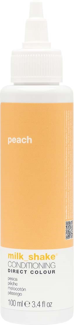 Eine weiße Flasche mit orangefarbenem Etikett sagt Pfirsich-Milchshake-Spülung, 100 ml, mit Sprühkopf.