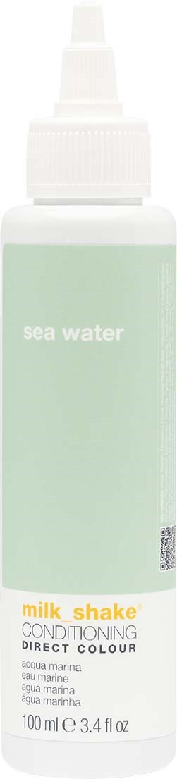 Biała butelka z jasnozieloną etykietą, na której napisano sea water i milk shake conditioning direct colour.