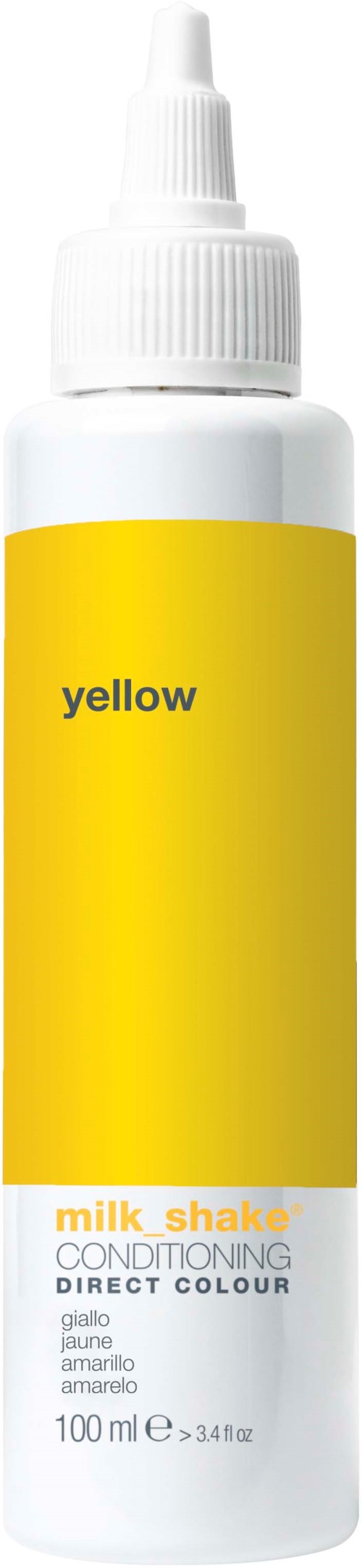 En vit flaska med en gul etikett som säger 'yellow' och innehåller hårfärg.