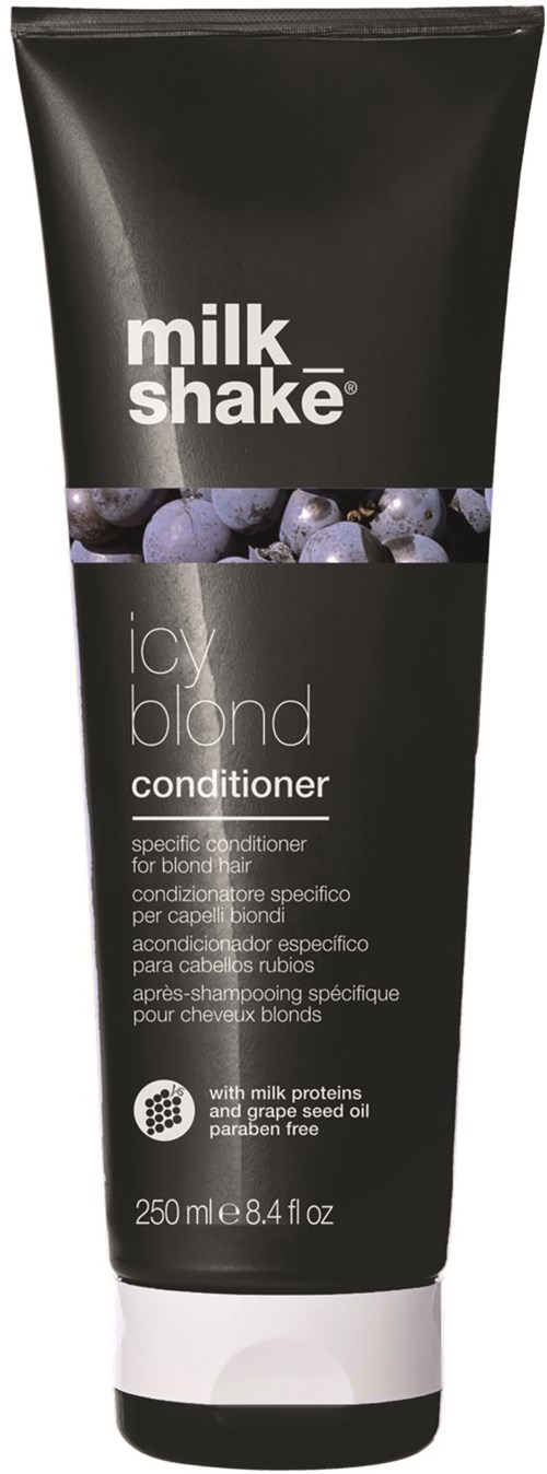 En svart tub med Milk Shake Icy Blond balsam med blåbärsdesign och vitt text.